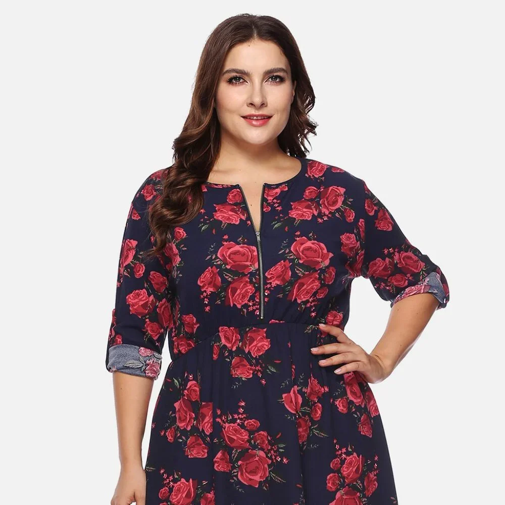 Plus Size Floral Print Half Zip Up Dress